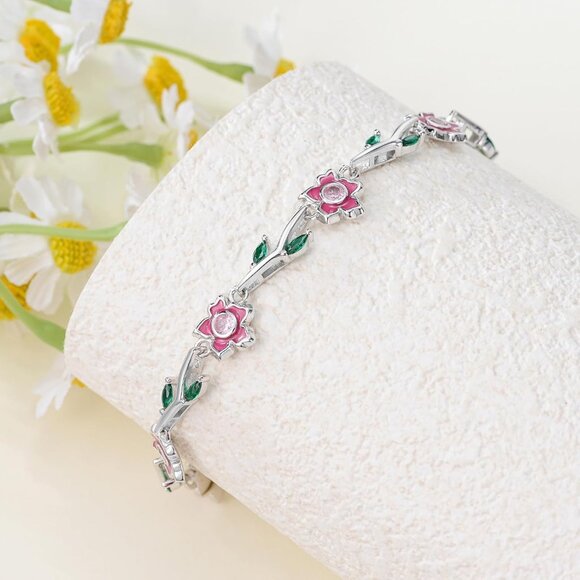 Women’s Peach Blossom Sterling Silver Birth Flower Bracelet with Agate, 9.5-inch - Picture 2 of 8